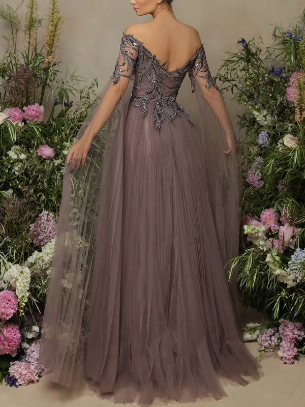 Off-the-shoulder mesh maxi dress