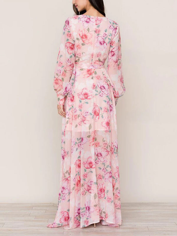 V-neck Pink Long-sleeve Printed Maxi Dress