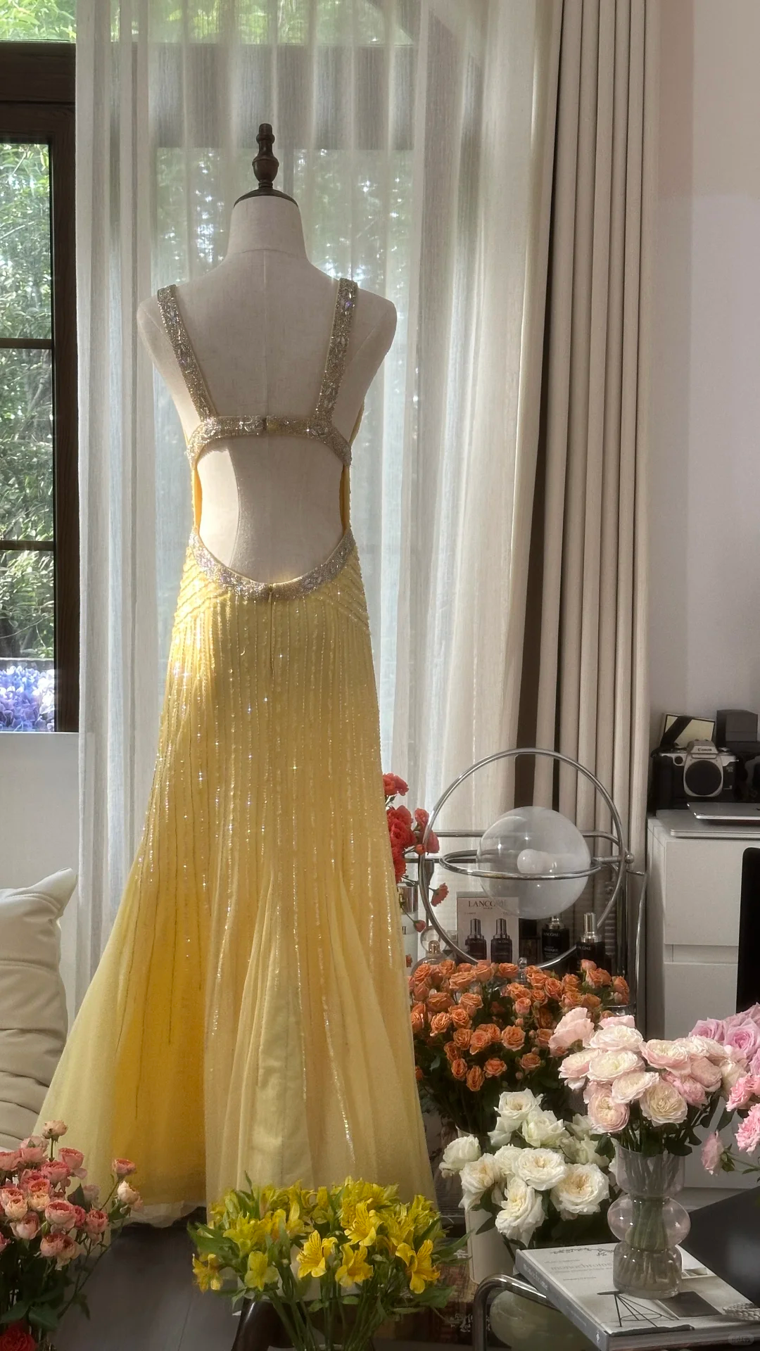 Light Yellow Gorgeous Shiny Fashion Elegant Exquisite Beaded Long Tulle Backless Fairy Ball Gown Evening Dress Birthday/Wedding Guest/Holiday Party Dress Prom Dress Valentine's Day Date Dress gh4034