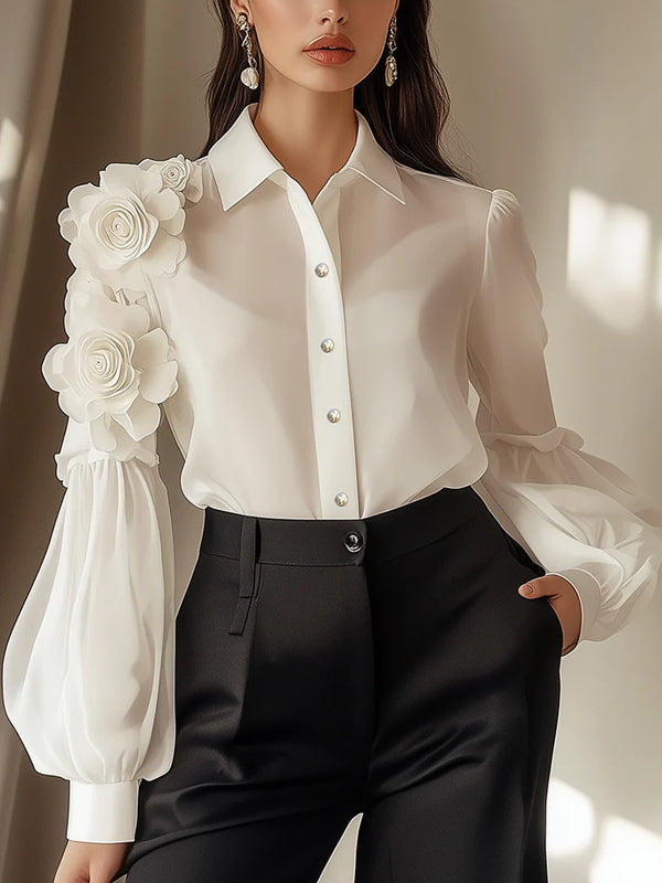 White Chiffon Blouse With 3D Flower Decoration On Sleeves