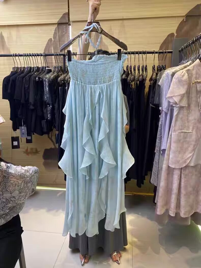 Cute A line Halter Ruffled Floral Blue Summer Holiday Dress Women's Long Vacation Dresses S180