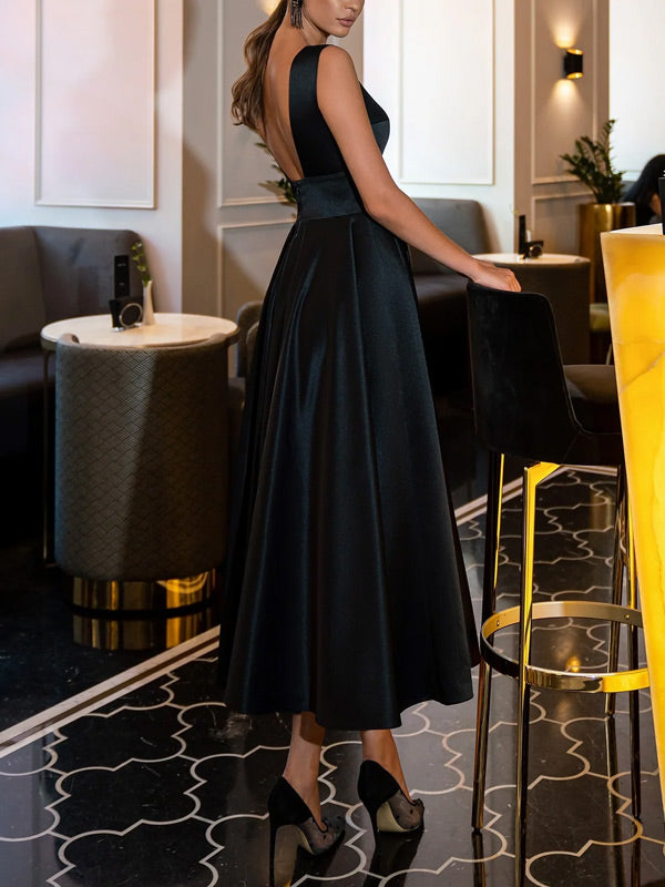 Solid Color Satin V-neck Women's Dress