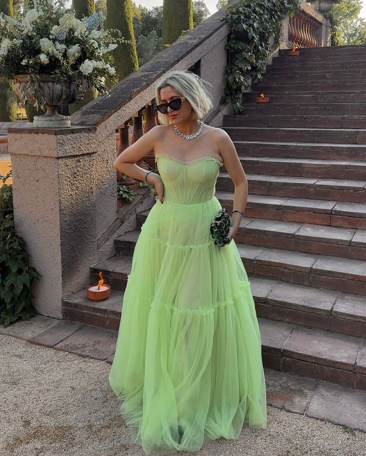 Light Green Tulle Ruffled Long A Line Evening Dress Strapless Prom Dress SH1491