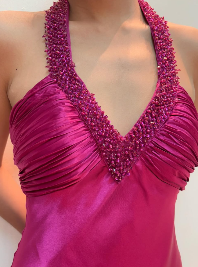 Hot Pink Mermaid V Neck Beaded Satin Open Back Prom Dress Evening Dress SH2056