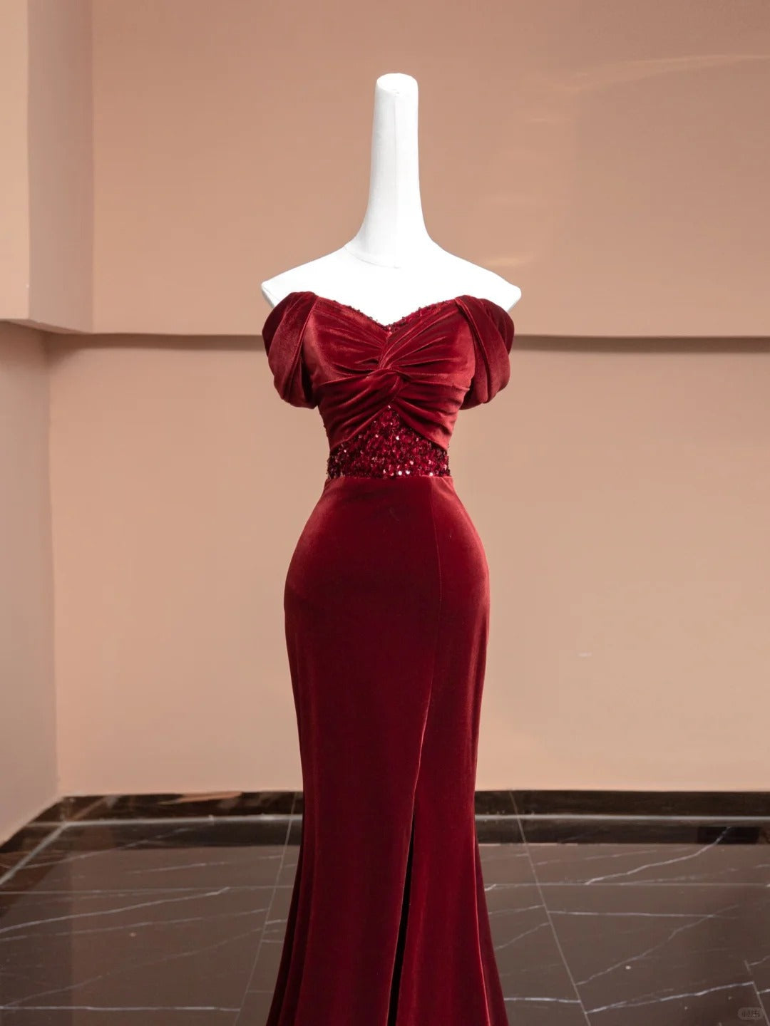 Burgundy Velvet Beading Elegant Fashion Long Mermaid Slim Prom Dress Evening Dress Party Dress gh4877
