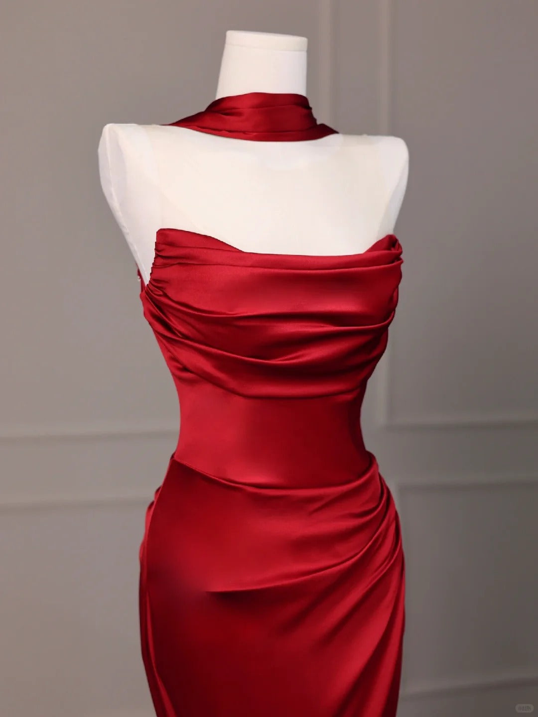 Burgundy fishtail backless long floor-length satin ball gown evening dress gh4546