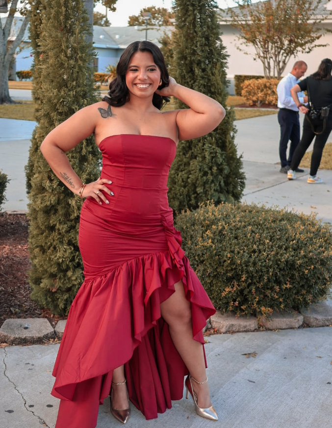 Charming Mermaid Strapless Ruffle Burgundy Satin Prom Dress Evening Dress with Slit SH2130