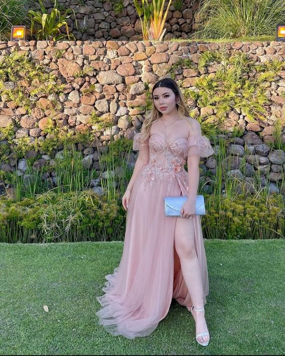 Puff Sleeves Tulle Applique Slit Prom Dress SH1015