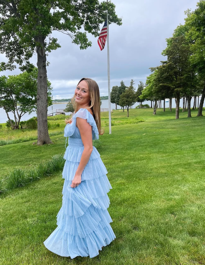 Fairy Sky Blue Sequare Neck Tiered Tulle Evening Dress Long Prom Dress SH1053