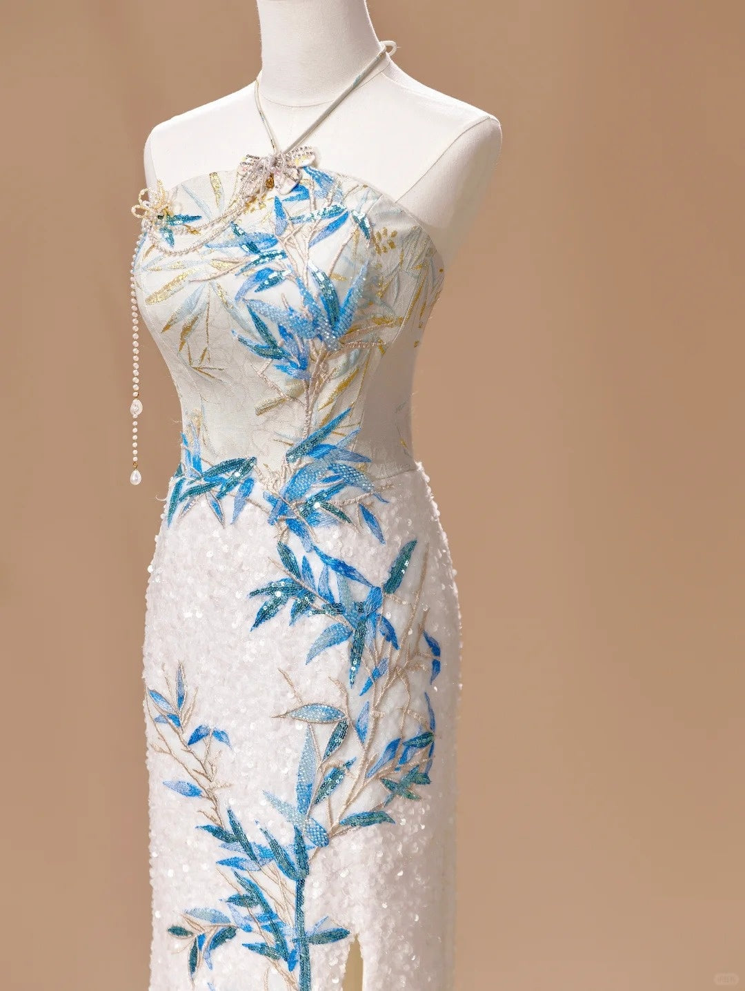 White Luxury Gorgeous Shiny Unique Fashion Elegant Exquisite Floral Bamboo Beads Sequins Suspender Long Ball Dress Evening Dress Bridal Wedding Reception Dress Prom Dress gh4026