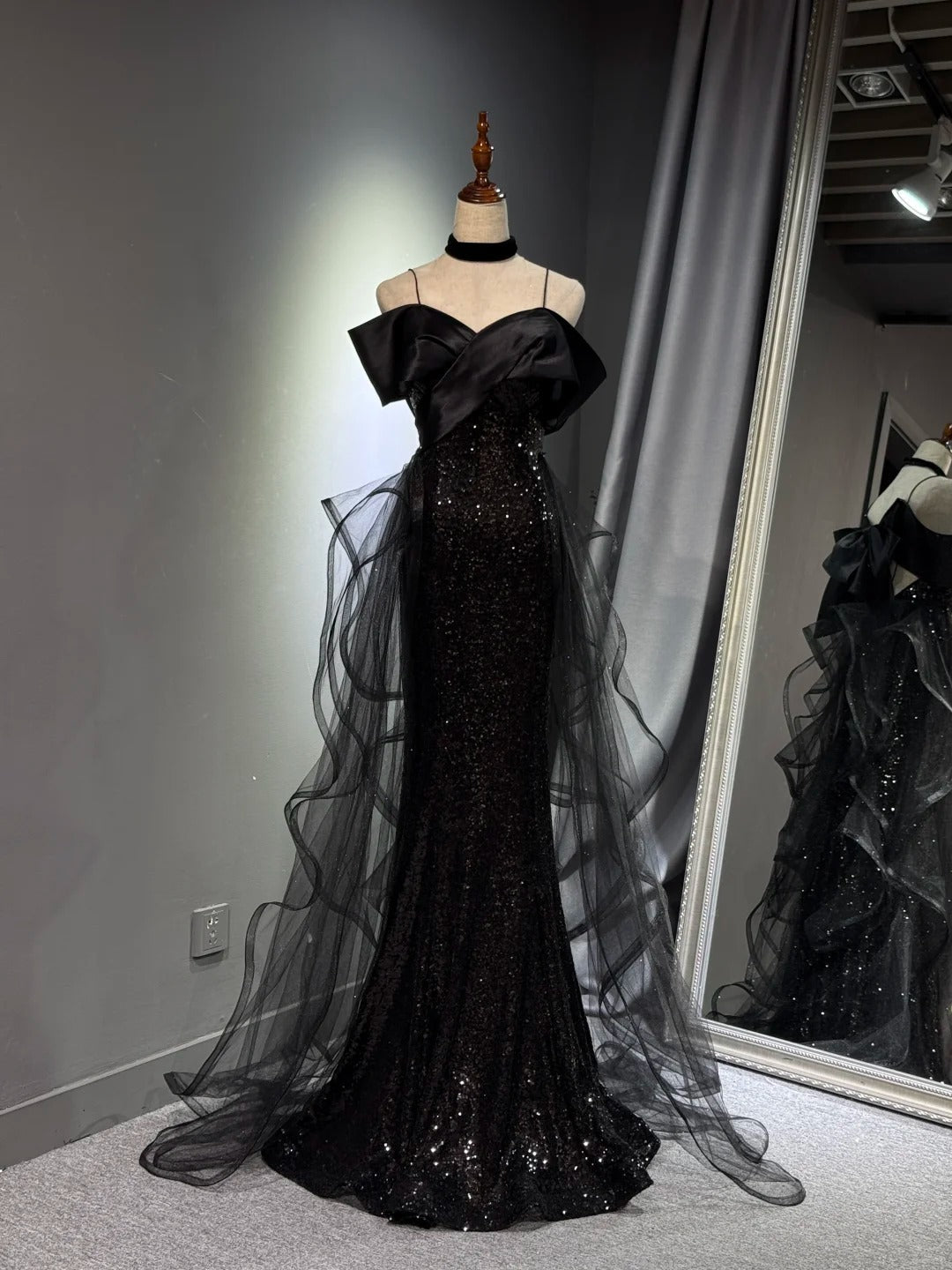 preppydressess -Black shiny elegant long sequined tulle Prom dress evening gown graduation dress gh5107