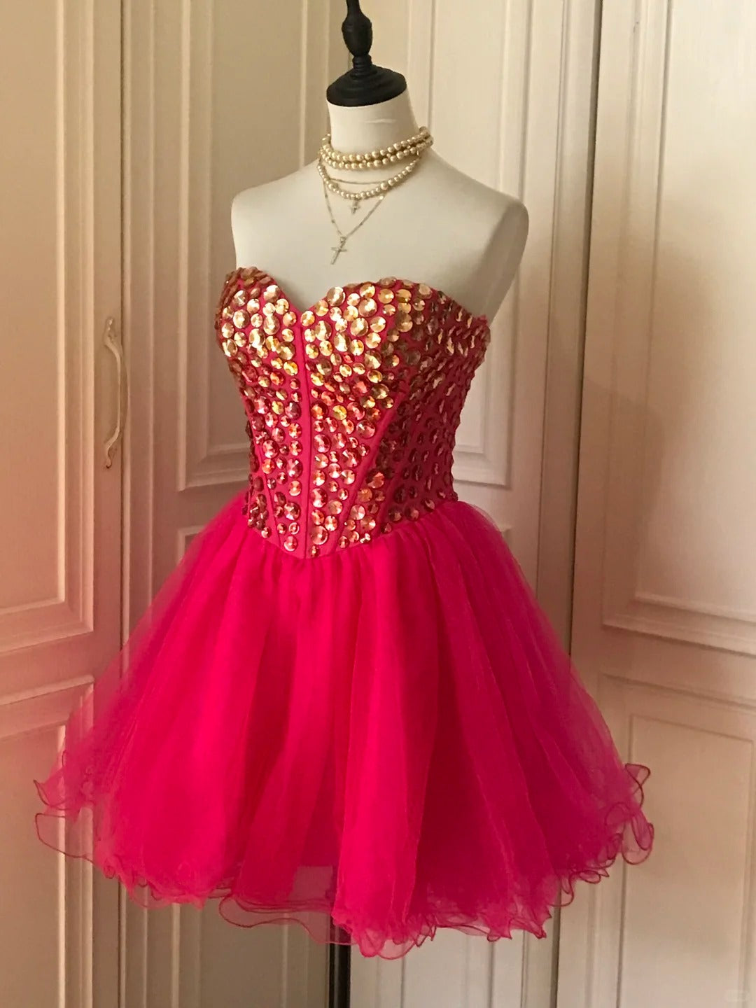 _¤ï_Pink retro noble princess short homecoming dress sequined tulle ball dress evening dress gh4392