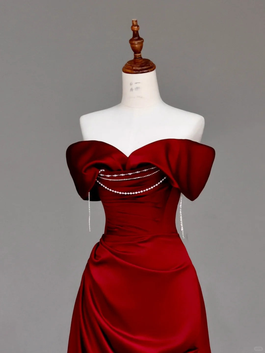 preppydressess -Red pearl beaded long satin prom dress evening dress party dress gh5114