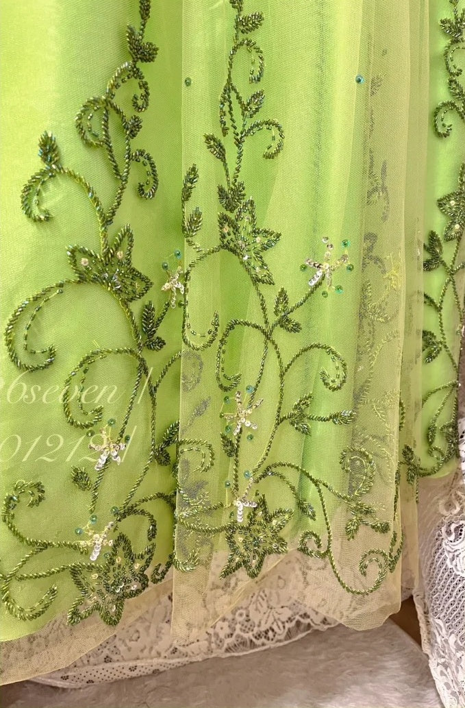 Green exquisite beaded vintage fashion floral long satin tulle ball gown evening dress gh4433