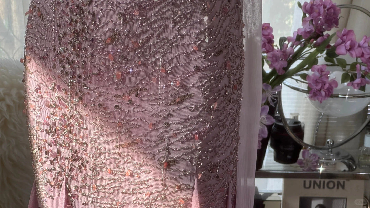 Pink Purple Elegant Romantic Exquisite Beaded Long Chiffon Ball Gown Evening Dress Birthday/Wedding Guest/Holiday Party Dress Prom Dress gh4021