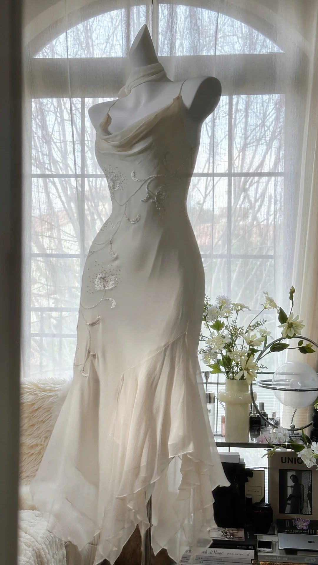 Ivory White Elegant Fashion Exquisite Floral Beading Long Chiffon Ball Gown Evening Dress Party Dress gh4006