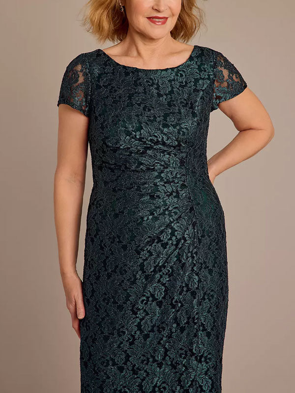 Scoop Neck Gathered Lace Sheath Dress with Slit