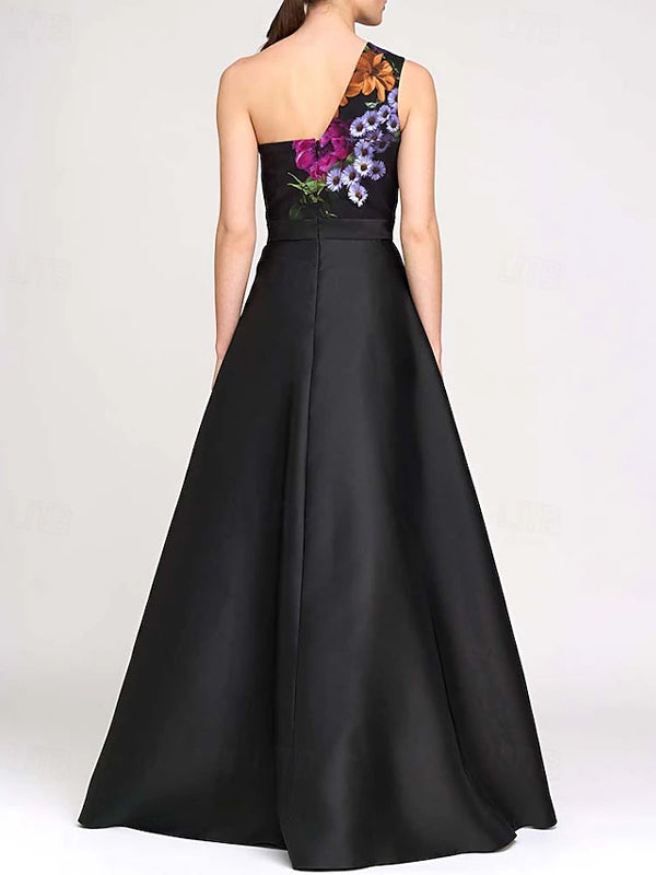 Black One Shoulder Satin Sleeveless Printed Jumpsuit