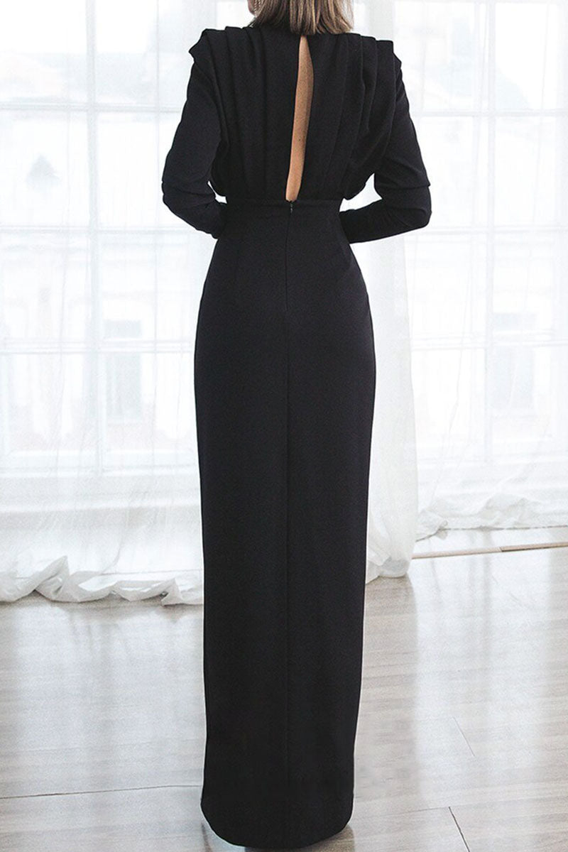 loveedsTM-Elegant Solid Patchwork Backless Slit Fold O Neck Straight Dresses