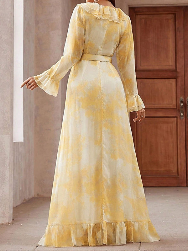 Elegant Mesh Print Belted Women's Dress