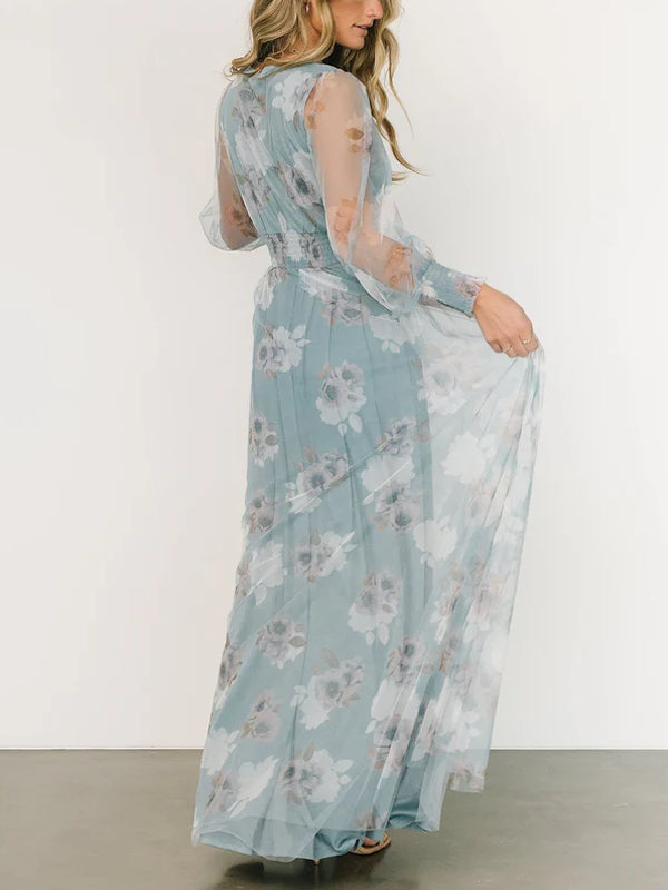 Tulle Temperament Printed Holiday Maxi Dress