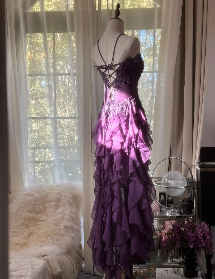 Purple Sheath Strapless Appliques Tiered Chiffon Long Prom Dress Evening Dress SH2505
