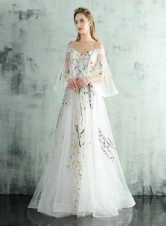White Tulle Lace Spaghetti Straps Long Evening Dress, Embroidery White Prom Dress KS3796