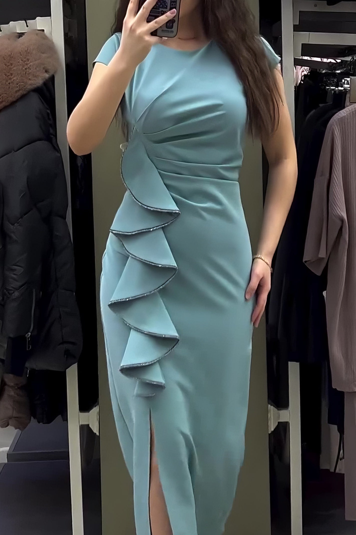 loveedsTM-Solid color short sleeve slit slim dress