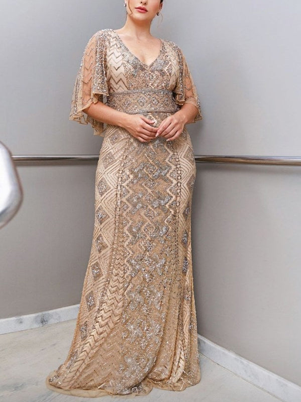 Plus Size V-Neck Sequin Solid Color Maxi Dress