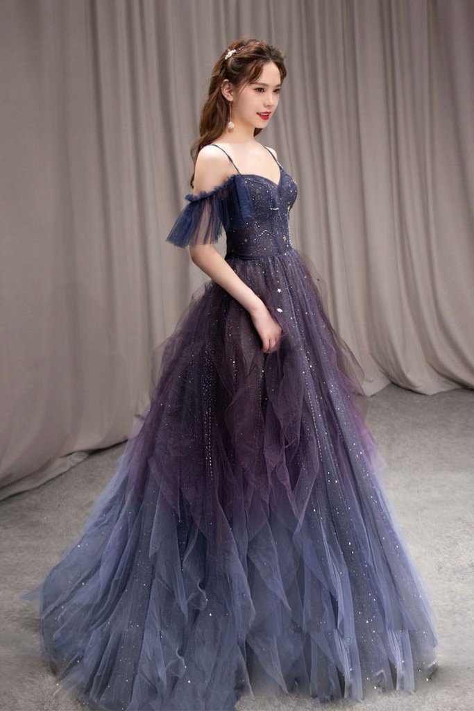 Purple sweetheart neck tulle long prom dress purple formal dress KS4706