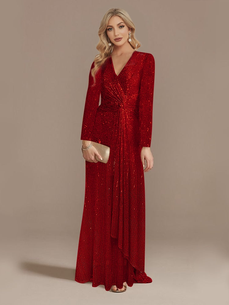 loveedsTM- Luxury Long Sleeve V-Neck Evening Dress Party Women Wedding Sequins For Female Guests Blue Prom Cocktail Dresses