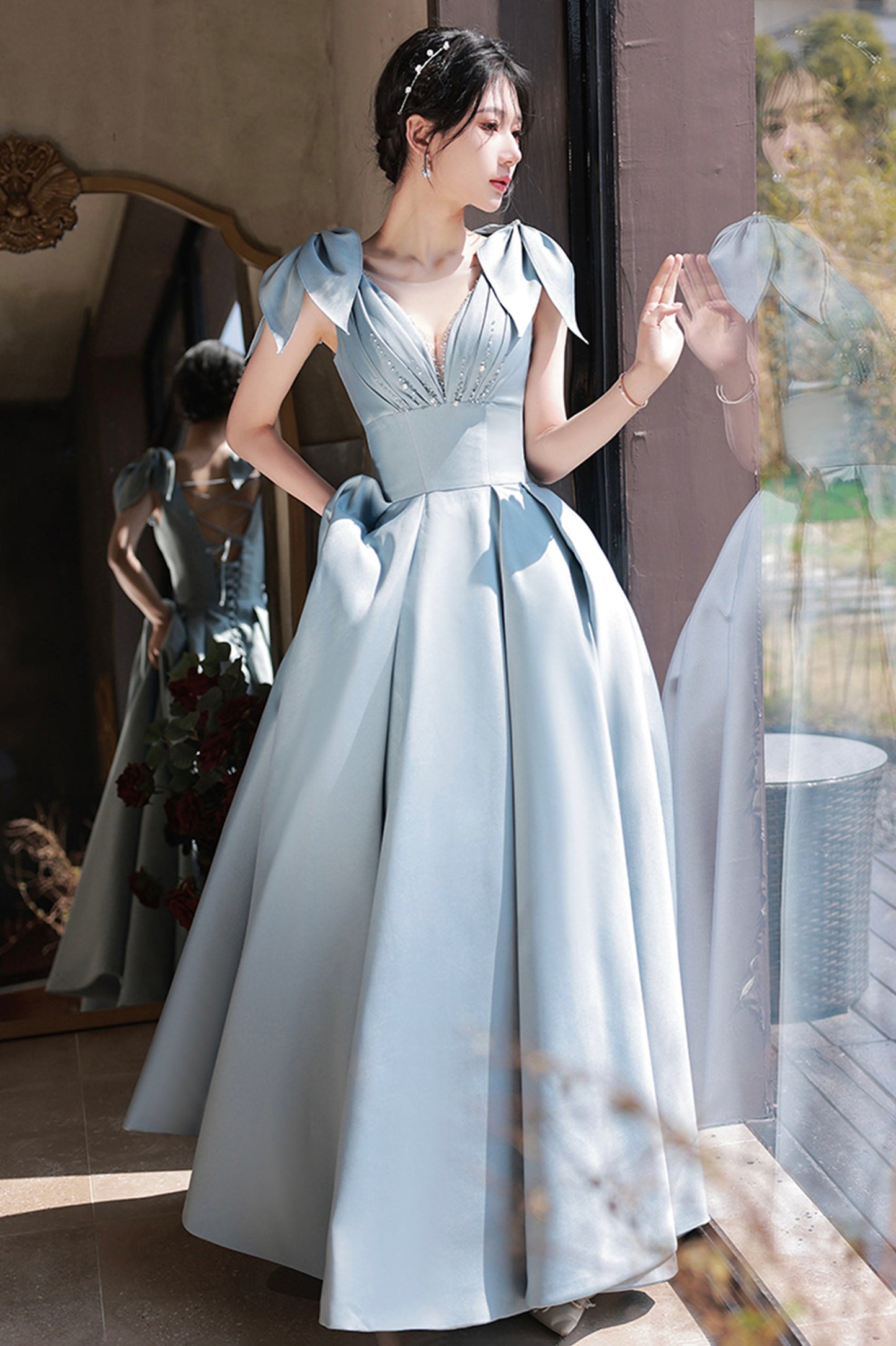 Blue Satin Long A-Line Prom Dress, Lovely Blue Graduation Dress with Bow