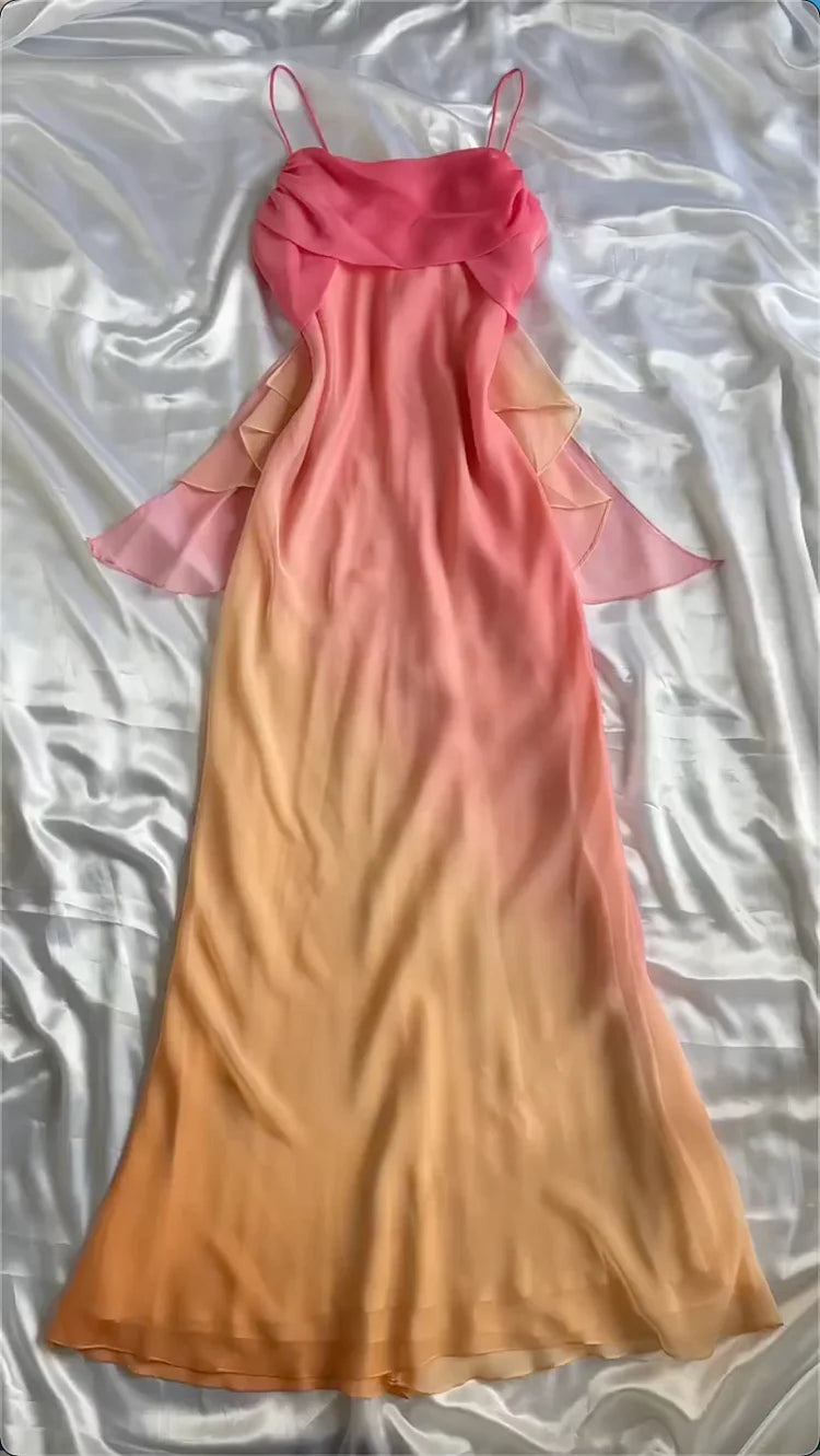 Blue/orange fashion gradient elegant spaghetti strap long chiffon prom dress evening dress party dress gh2934