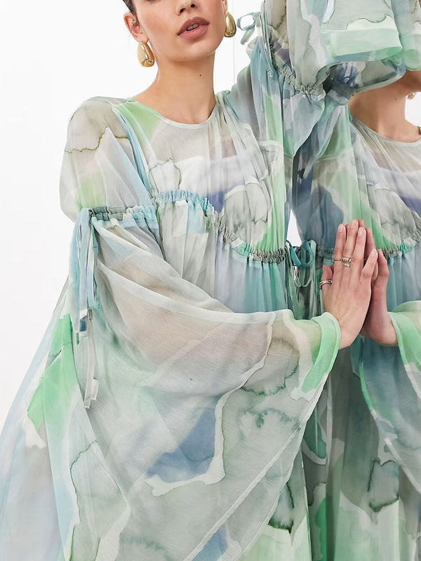 Watercolor Print and Ruffles Women's Dress