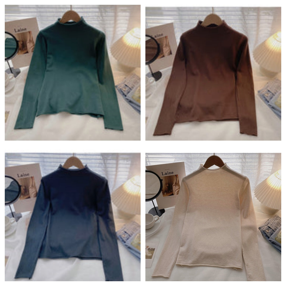 Commuter solid color Pullover half high neck long sleeve Knitted Top 6651