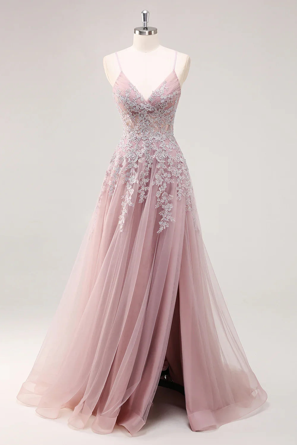 Lavender A Line Spaghetti Straps Appliques Beaded Tulle Long Prom Dress Graduation Prom with Slit SH2651