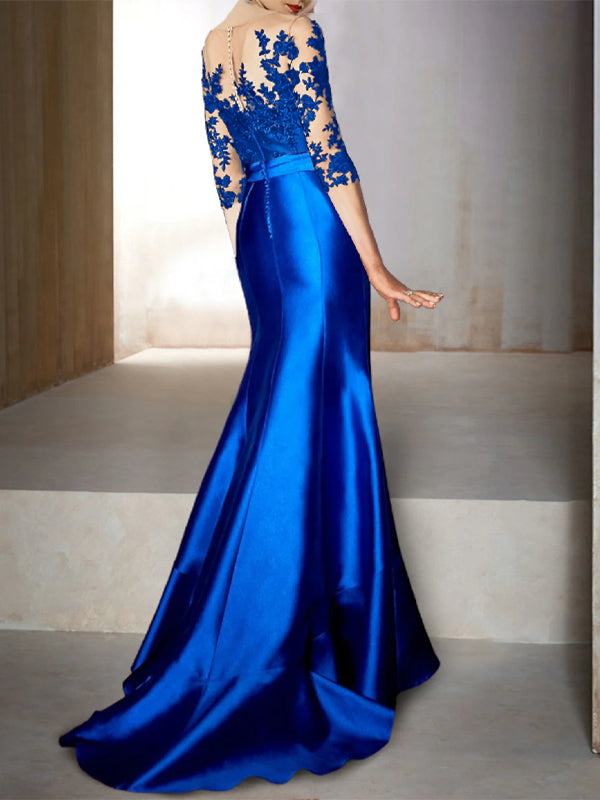 Round Neck Lace Solid Color Maxi Dress