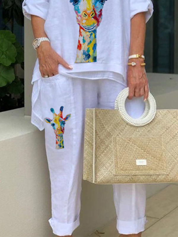 Rainbow Deer Print Top and Pants Suit