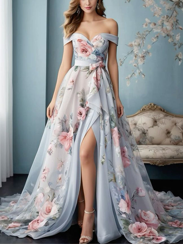 Light Blue Tube Top Print Maxi Dress