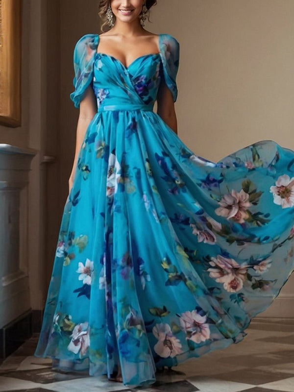 Blue Round Neck Chiffon Print Maxi Dress