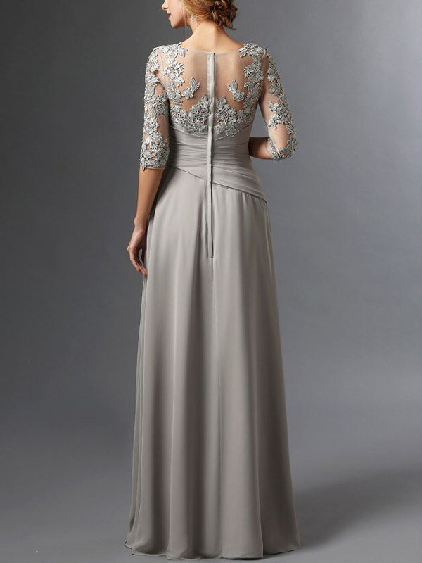 A-Line 3/4 Sleeve Chiffon Lace Maxi Dress