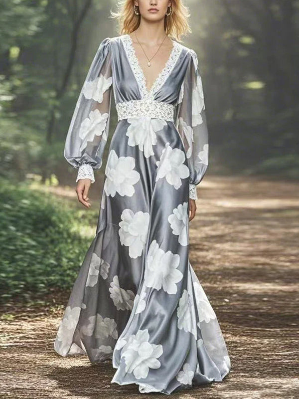 Grey V-neck Printed Long Sleeves Maxi Dress