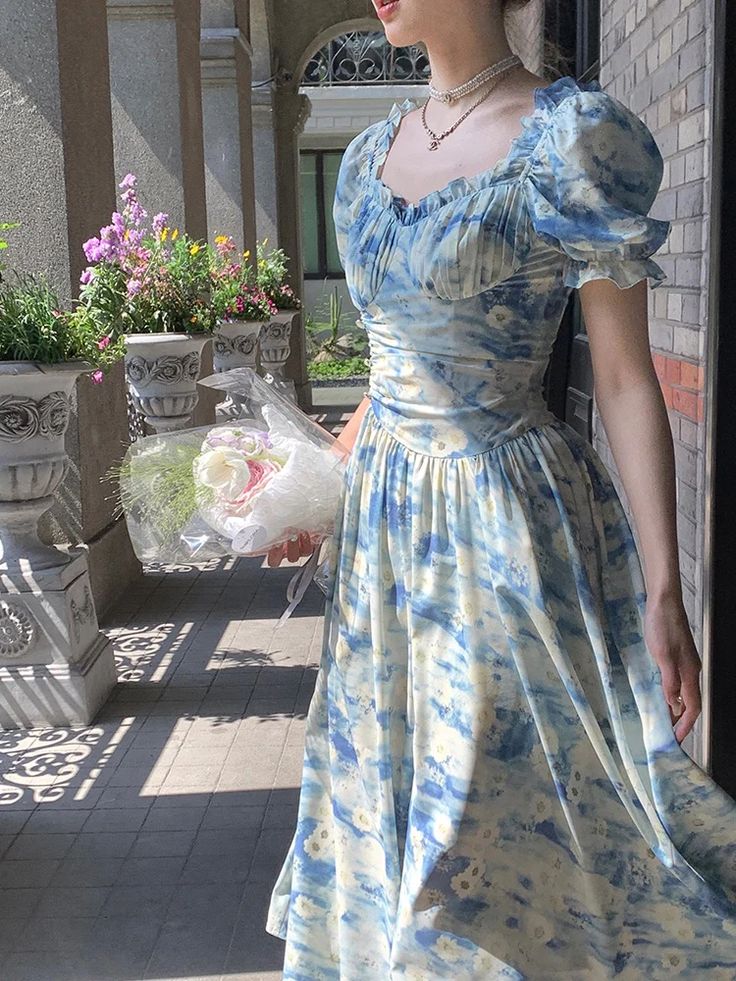 Blue Floral Elegant Long Chiffon Homecoming Dress Ball Gown Evening Dress Wedding Guest Dress Birthday/Garden Party Dress Prom Dress gh4091