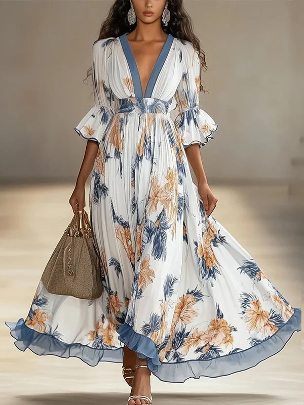 Flower Printed Ruffled Half Sleeves Elegant Maxi Dress