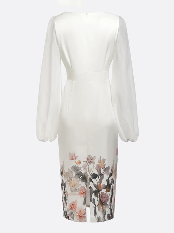 Mesh Floral V Neck Balloon Sleeve Sheath Midi Satin Dress