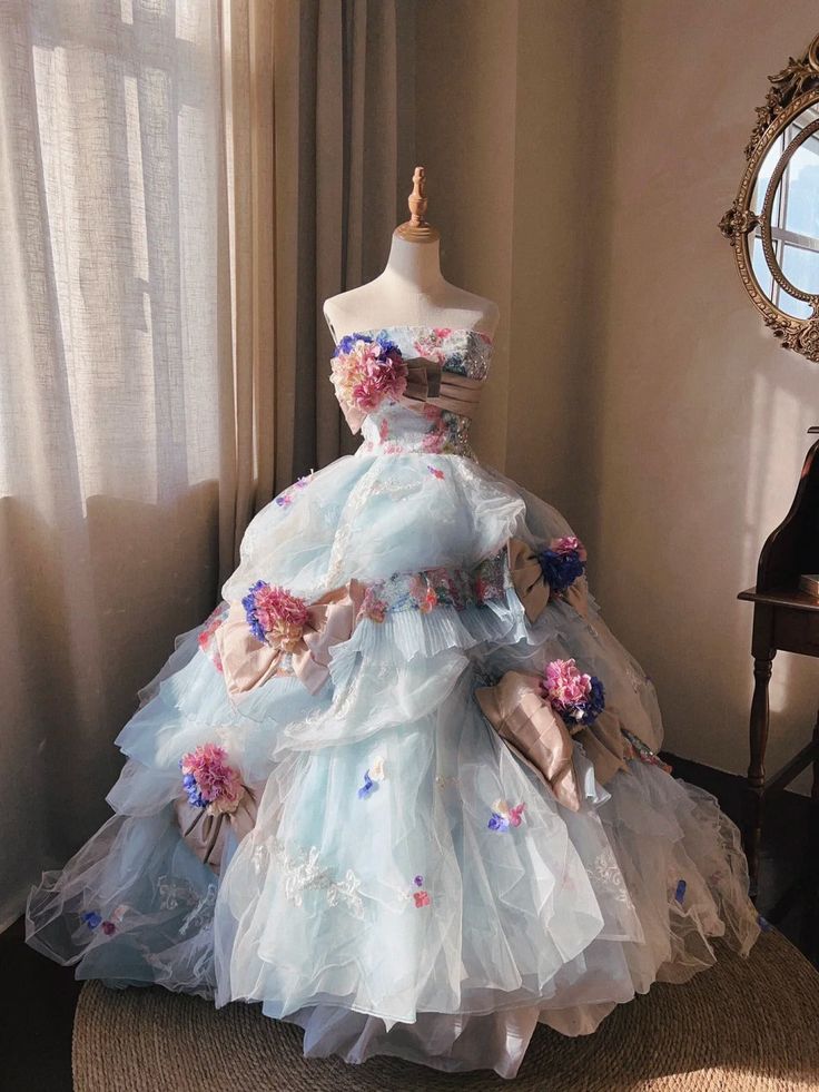 Romantic Hydrangea Flower Sweetheart Neck Ball Gown Layered Blue Organza Prom Dress Birthday Dress SH3634