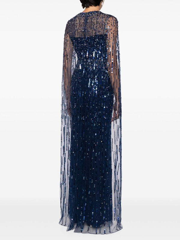 Crystal Cape Crew Neck Gown