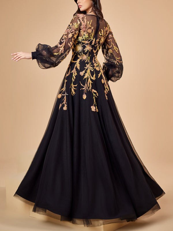 A-line Dress with Bubble sleeves with Ombré beaded lace