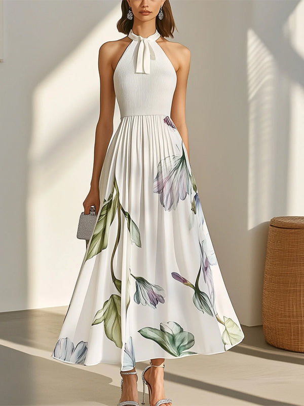 White Halter Neck Print Maxi Dress