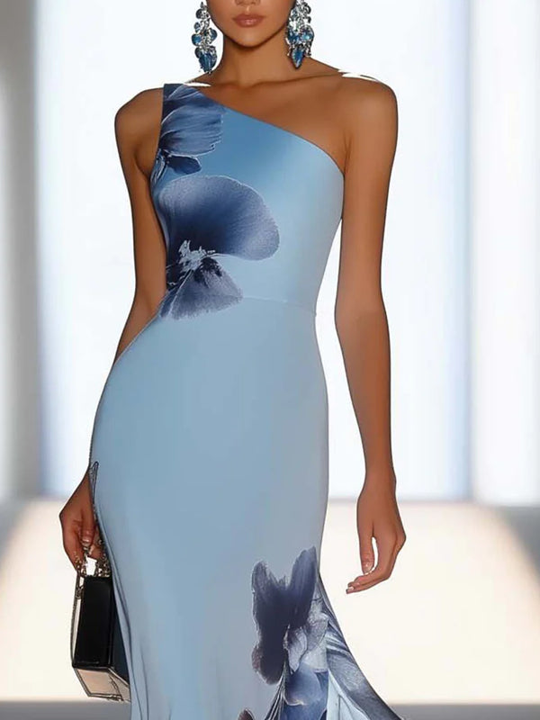 One Shoulder Blue Chiffon Maxi Dress With Elegant Flowers